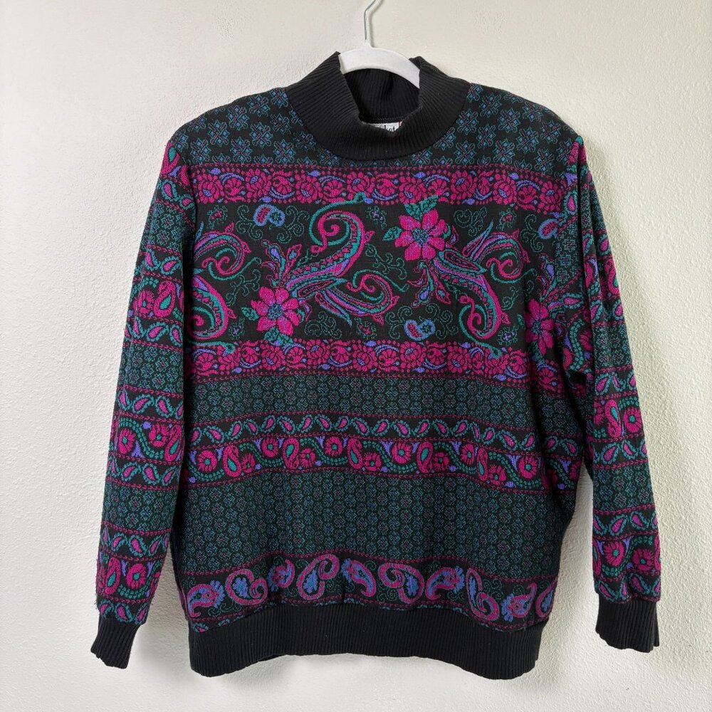 Cricket Lane Mock Neck Sweater Womens 20W  Floral Fair Isle Vintage 80's Grandma